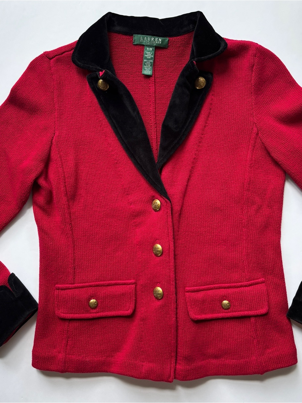 Lauren Ralph Lauren Velvet Collar 3 Crest Gold Button Blazer Coat Jacket PM Red - Picture 7 of 7